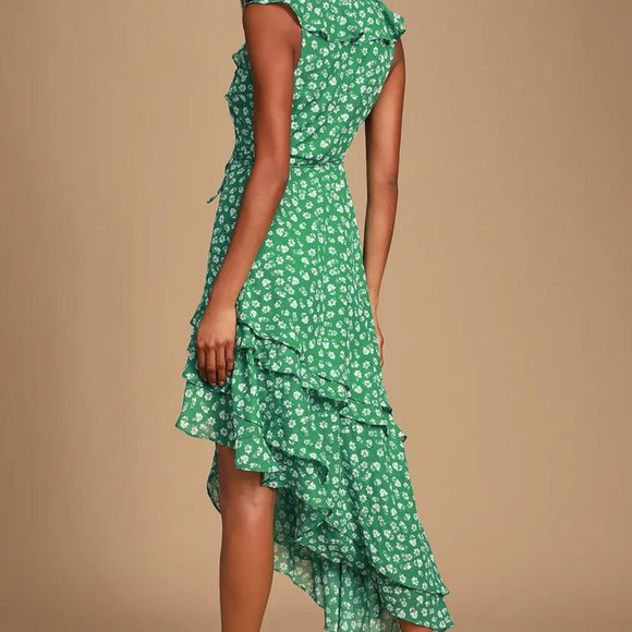 NWT LuLu's M Green Floral Print Ruffle Wrap Midi Dress - Picture 2 of 5